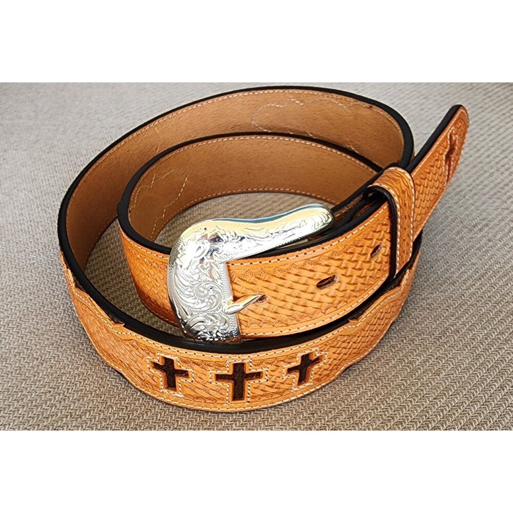 Western Ranger Belt Tan Leather Cowhide Hair Crosses Basket Weave Snap-On Buckle
